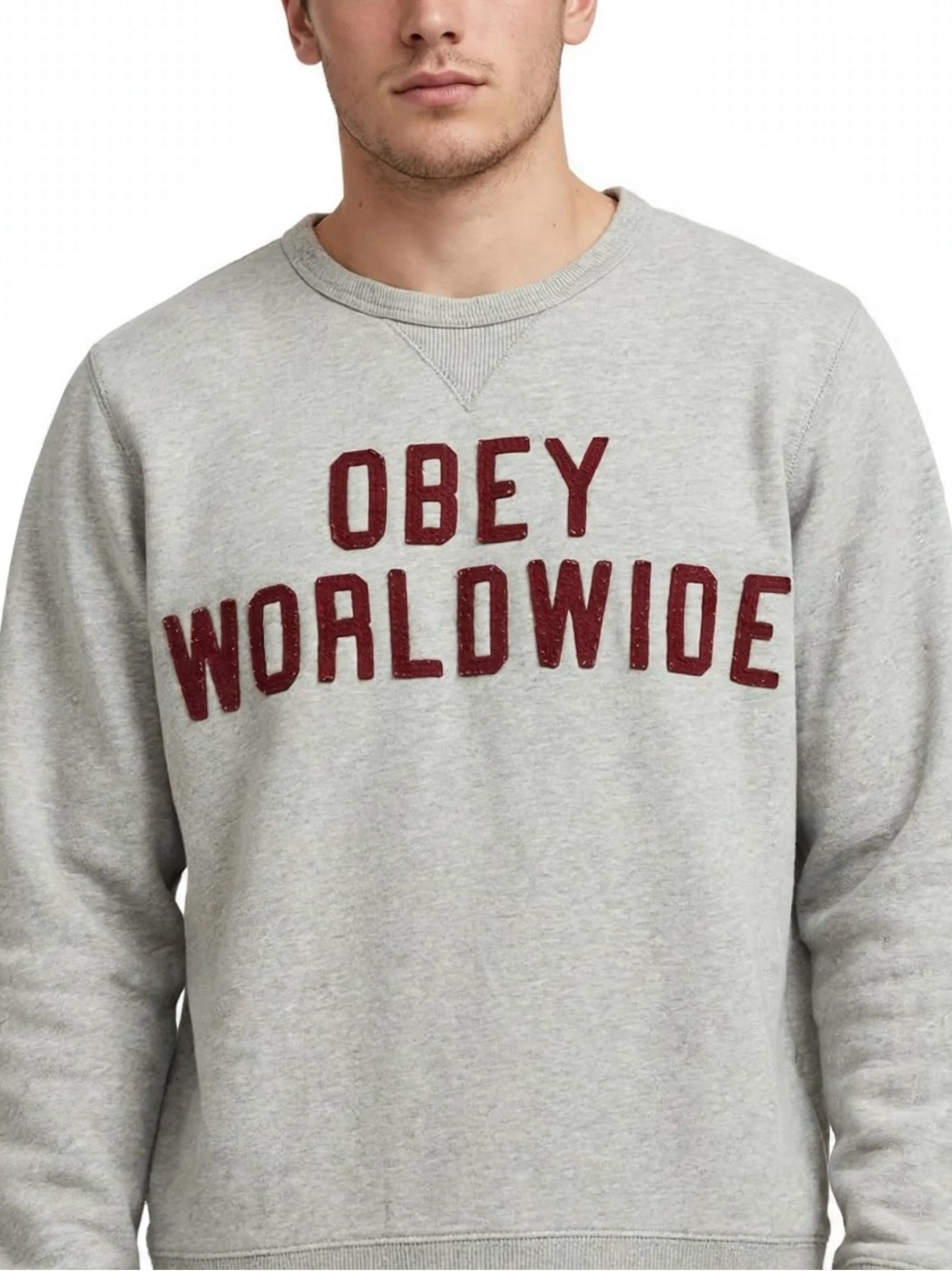 Obey Light Gray Crewneck with Maroon 'Obey Worldwide' Applique